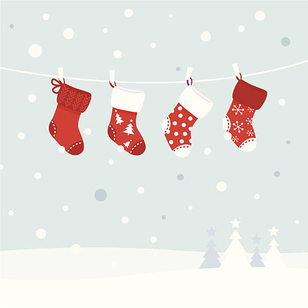 Vector image of Christmas stockings on clothesline Cute christmas stockings, winter snow in background. Vector  retro Illustration christmas stocking stock illustrations