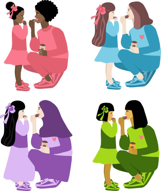vector image of four pairs of mother and daughter of different races with cookies  african american mothers day stock illustrations