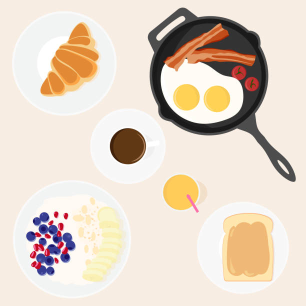ilustrações de stock, clip art, desenhos animados e ícones de vector image of set of dishes for a traditional breakfast - frying pan with bacon and eggs, toast with peanut butter, oatmeal with berries and fruit, juice, coffee, croissant. top view. - bacon