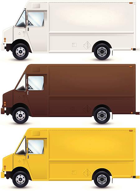 A vector image of work trucks that are in different colors vector art illustration
