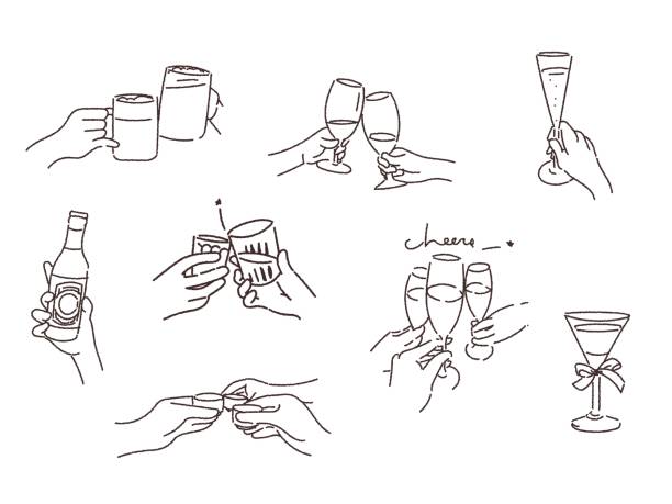 ilustraciones, imágenes clip art, dibujos animados e iconos de stock de imágenes vectoriales de las manos de las personas tostadas - mano agarrando botella de cerveza y taza
