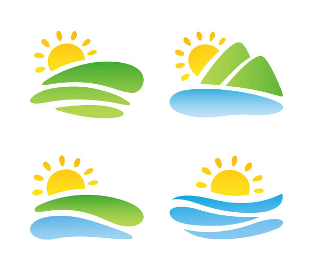 Vector images with sun, landscape, sea and mountain Vector icons. Landscape, sun, mountains, river and sea. Hand drawn design elements river clipart stock illustrations