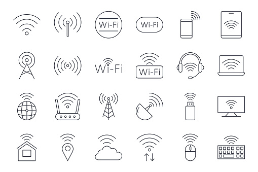 Vector infinity icons. Editable stroke. Wi-Fi internet connection symbol. PC tablet satellite router cloud storage. Mouse keyboard flash drive geo monitor data exchange. Stock thin illustration.