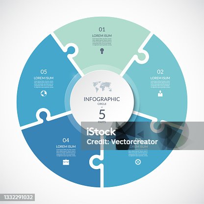 istock Vector infographic puzzle circular template. Cycle diagram with 5 parts, options. Can be used for chart, graph, report, presentation, web design. 1332291032