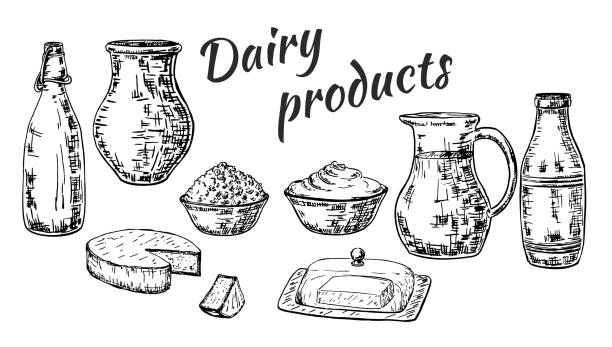 illustrations, cliparts, dessins animés et icônes de vecteur d’encre croquis dessinés à la main style produits laitiers visés - hand draw jar