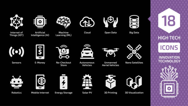 Vector innovation technology icon set on a black background with high tech digital wireless smart future business concept silhouette sign. Cloud, sensors, e-money, no-checkout store and more symbols. Vector innovation technology icon set on a black background with high tech digital wireless smart future business concept silhouette sign. Cloud, sensors, e-money, no-checkout store and more symbols. drone icons stock illustrations