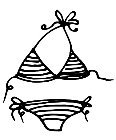 Vector insulated split swimsuit. hand-drawn bra and underpants of a women's striped swimsuit with a doodle-style bow straps with a black isolated outline on a white background for a design template. a symbol of a beach holiday by the water