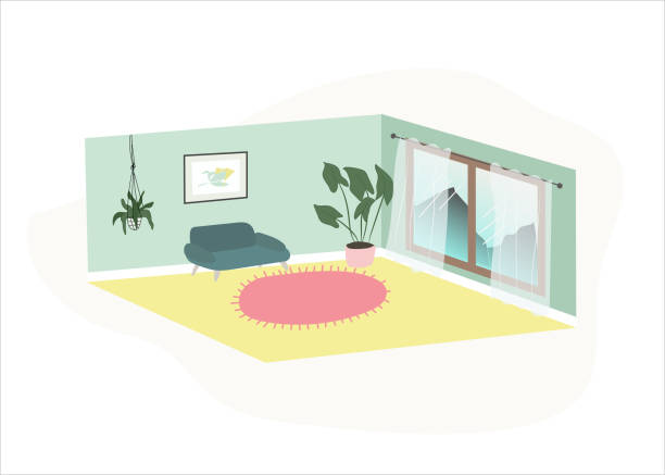 ilustrações de stock, clip art, desenhos animados e ícones de vector interior new home design cozy room with green walls and yellow floor - window, inside apartment, new york