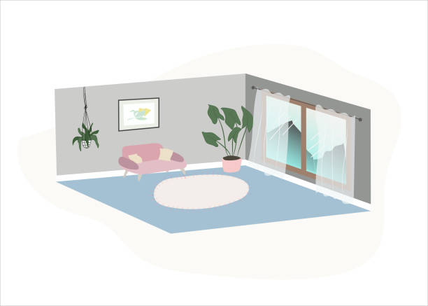 ilustrações de stock, clip art, desenhos animados e ícones de vector interior new scandinavian home design cozy room with pink sofa and white carpet - window, inside apartment, new york