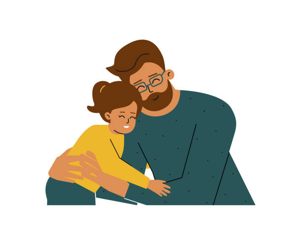 Vector isolated concept with portrait of cartoon characters. Young single father hugs little daughter. Latin daddy and baby girl are happy together, smiling Vector isolated concept with portrait of cartoon characters. Young single father hugs little daughter. Latin daddy and baby girl are happy together, smiling. Healthy positive family relationships latin family stock illustrations