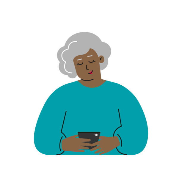 Vector isolated flat concept. Cartoon African American senior woman writes a message on the phone. Cute elderly granny uses modern gadgets. She search partner for romance by mobile apps. Online dating Vector isolated flat concept. Cartoon African American senior woman writes a message on the phone. Cute elderly granny uses modern gadgets. She search partner for romance by mobile app. Online dating. black woman using phone stock illustrations