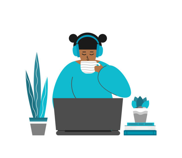Vector isolated flat illustration. Adult young Asian woman sits with laptop, cup of coffee. Online education and distant work on online stream service. Freelance lifestyle Vector isolated flat illustration. Adult young Asian woman sits with laptop, cup of coffee. Online education and distant work on online stream service in quarantine time. Freelance lifestyle at home live streaming illustrations stock illustrations