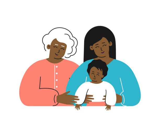 Vector isolated flat illustration for Mother's day. Portrait of african american family. Mother hugs her little child, grandmother smiles and cuddles her young adult daughter  african american mothers day stock illustrations