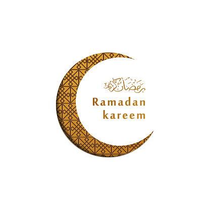 Vector isolated handwritten lettering for Ramadan Kareem on white background. Vector calligraphy for greeting card, decoration and covering. Golden moon vector illustration.