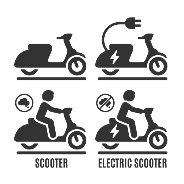 illustrations, cliparts, dessins animés et icônes de vector isolé ice et scooter électrique icône définie. ne moto avec moto et pictogramme silhouette rider aucune trace humaine. - scooter