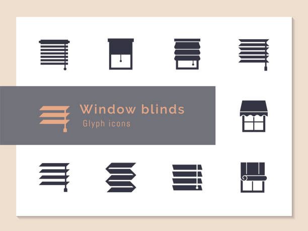 Vector isolated icons set of window blinds vector glyph icons Vector isolated icons set of window blinds vector glyph icons. Window treatments and curtains glyph icons set. Interior design, home decor shop. roller blinds stock illustrations