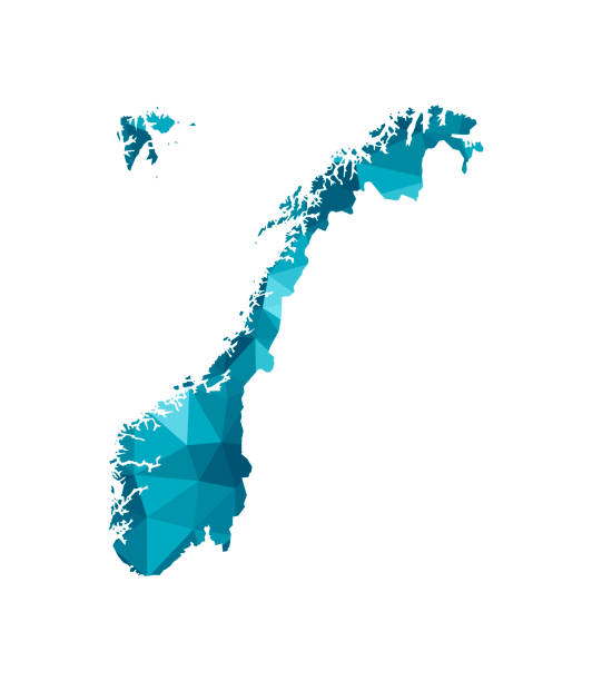 노르웨이지도의 단순화 된 파란색 실루엣 벡터 격리 그림 아이콘입니다. 다각형 기하학적 스타일, 삼각형 모양. 흰색 배경 - norway stock illustrations