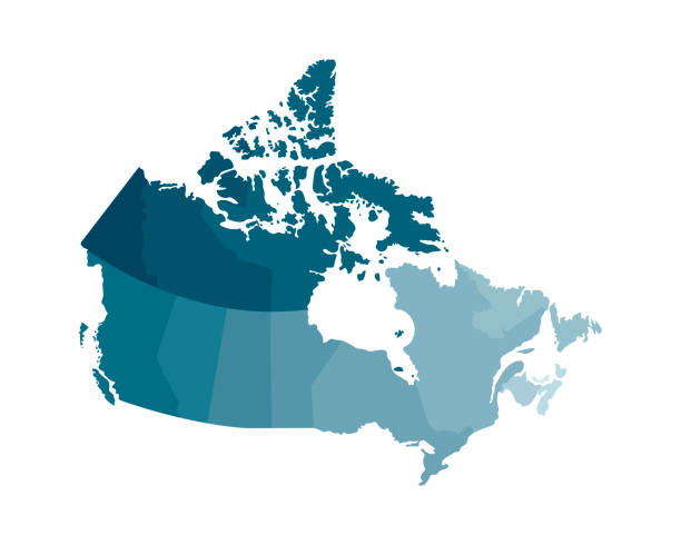 캐나다의 단순화 된 관리 지도의 벡터 고립 된 그림. 영역 경계. 컬러풀 블루 카 키 실루엣 - 국가 지리적 지역 stock illustrations