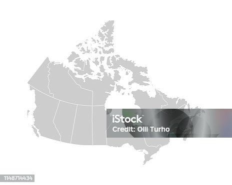 istock Vector isolated illustration of simplified administrative map of Canada. Borders of the provinces (regions). Grey silhouettes. White outline 1148714434