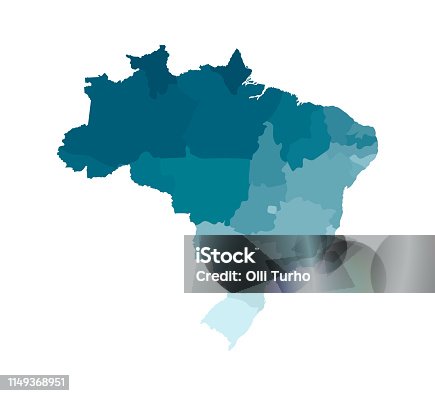 istock Vector isolated illustration of simplified administrative map of Brazil. Borders of the regions. Colorful blue khaki silhouettes 1149368951