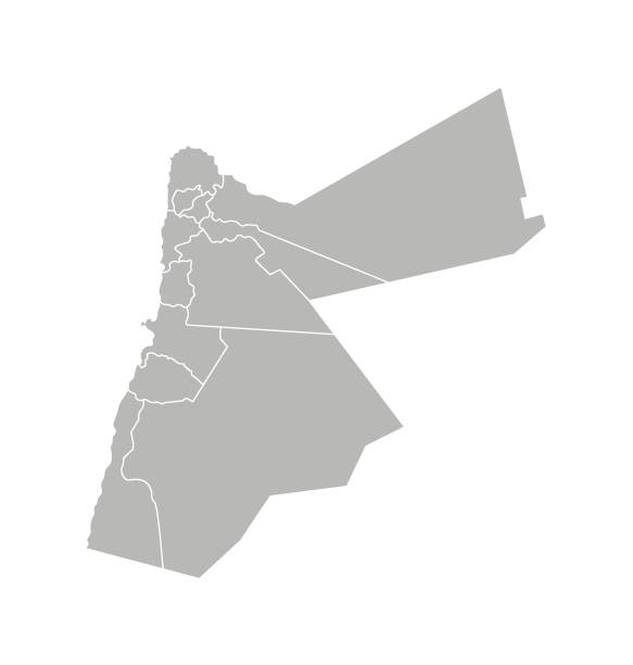 Vector isolated illustration of simplified administrative map of Jordan. Borders of the governorates (regions). Grey silhouettes. White outline Vector isolated illustration of simplified administrative map of Jordan. Borders of the governorates (regions). Grey silhouettes. White outline. mafraq stock illustrations