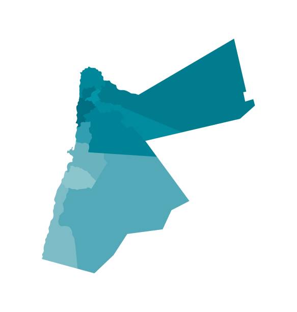 illustrazioni stock, clip art, cartoni animati e icone di tendenza di illustrazione isolata vettoriale della mappa amministrativa semplificata della giordania. confini dei governatorati (regioni). silhouette kaki blu colorate - barak