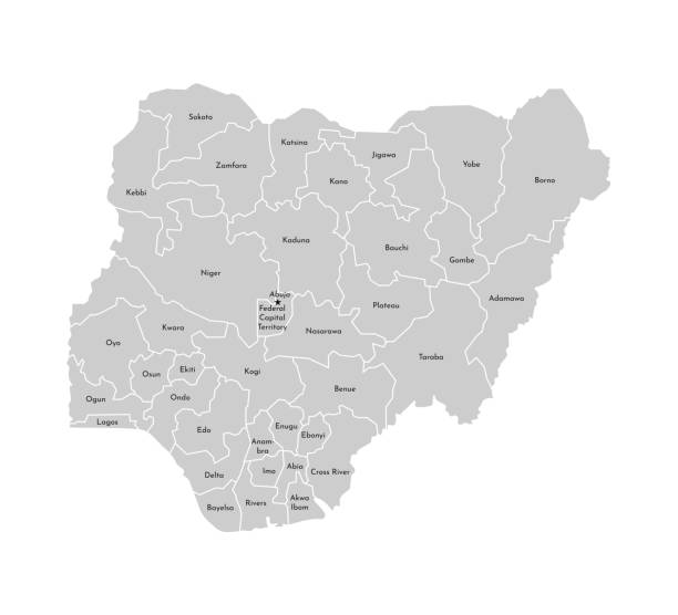 stockillustraties, clipart, cartoons en iconen met vector geïsoleerde illustratie van vereenvoudigde administratieve kaart van nigeria. grenzen en namen van de provincies (gebieden). grijze silhouetten. wit overzicht - nigeria