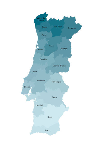 wektor izolowane ilustracja uproszczonej mapy administracyjnej portugalii. granice i nazwy regionów. kolorowe niebieskie sylwetki khaki - portugal stock illustrations