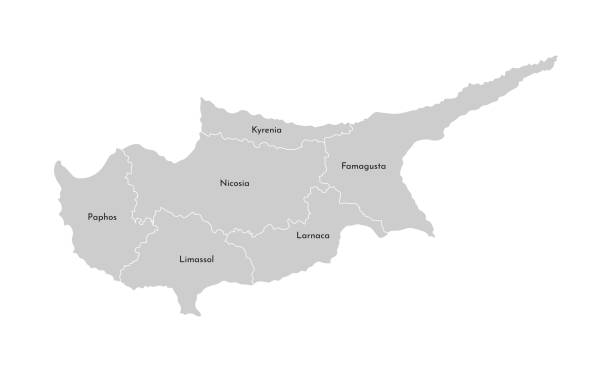 Vector isolated illustration of simplified administrative map of Cyprus. Borders and names of the districts (regions). Grey silhouettes. White outline Vector isolated illustration of simplified administrative map of Cyprus. Borders and names of the districts (regions). Grey silhouettes. White outline. famagusta stock illustrations