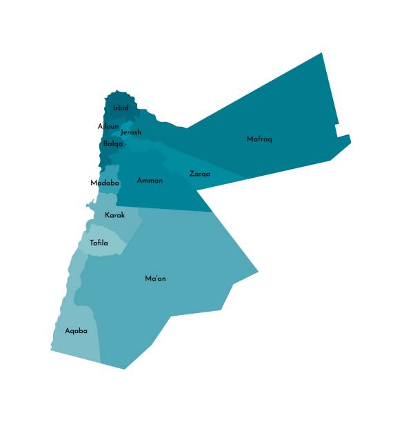 Vector isolated illustration of simplified administrative map of Jordan. Borders and names of the governorates (regions). Colorful blue khaki silhouettes Vector isolated illustration of simplified administrative map of Jordan. Borders and names of the governorates (regions). Colorful blue khaki silhouettes mafraq stock illustrations