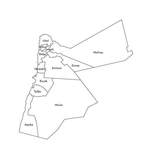 Vector isolated illustration of simplified administrative map of Jordan. Borders and names of the governorates (regions). Black line silhouettes Vector isolated illustration of simplified administrative map of Jordan. Borders and names of the governorates (regions). Black line silhouettes. mafraq stock illustrations