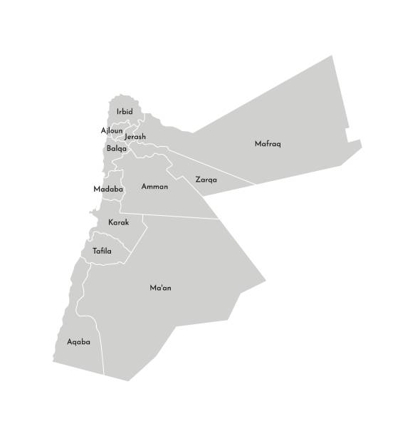 illustrazioni stock, clip art, cartoni animati e icone di tendenza di illustrazione isolata vettoriale della mappa amministrativa semplificata della giordania. confini e nomi dei governatorati (regioni). sagome grigie. contorno bianco - barak