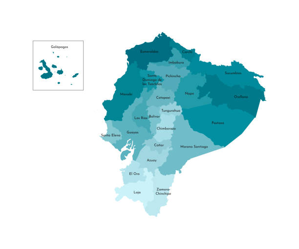 vektor isolierte abbildung der vereinfachten verwaltungskarte von ecuador. grenzen und namen der provinzen (regionen). bunte blaue khaki-silhouetten - galápagos stock-grafiken, -clipart, -cartoons und -symbole