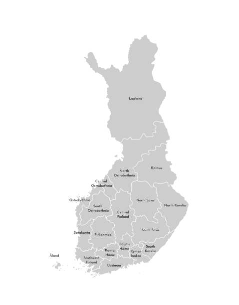 芬蘭簡化行政地圖的向量孤立圖。區域的邊界和名稱。灰色剪影。白色輪廓 - satakunta region 幅插畫檔、美工圖案、卡通及圖標