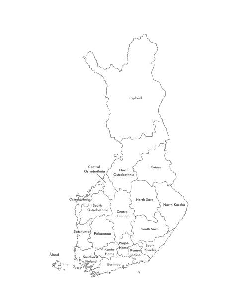 芬蘭簡化行政地圖的向量孤立圖。區域的邊界和名稱。黑線剪影 - satakunta region 幅插畫檔、美工圖案、卡通及圖標