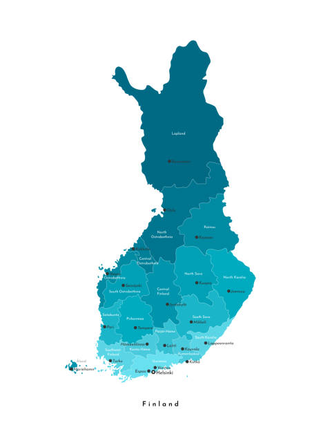 vektör izole illüstrasyon. finlandiya'nın basitleştirilmiş idari haritası. finlandiya'nın büyük şehirlerinin ve bölgelerinin isimleri. mavi renkler. beyaz arka plan. - finland stock illustrations