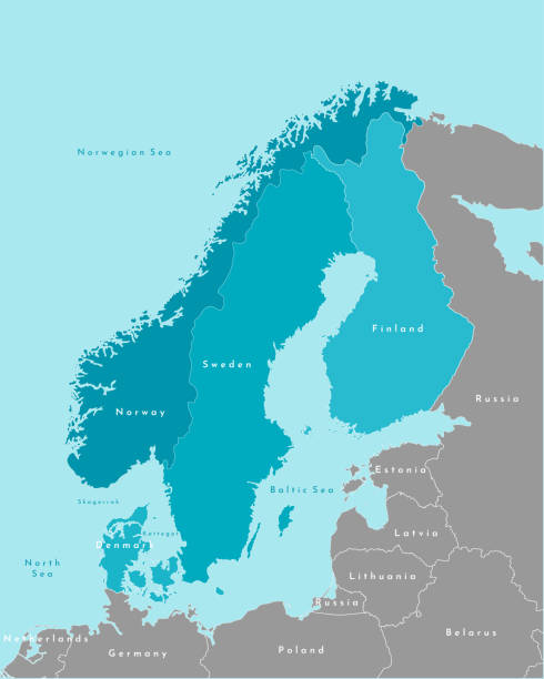벡터 절연 그림입니다. 파란색 (스웨덴, 핀란드, 노르웨이, 덴마크) 스칸디나비아와 북부 유럽 국가의 단순화 된 정치지도와 회색에서 가장 가까운 지역. 주의 테두리입니다. - norway stock illustrations