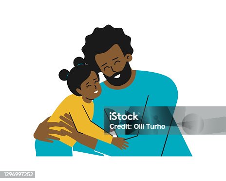 istock Vector isolated illustration with portrait of cartoon characters. African American young father hugs his little daughter. Daddy and baby girl are happy together, smiling 1296997252