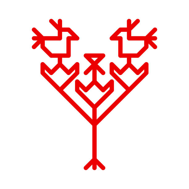 vector isolated illustration with red simplified finnish symbol of bellflower. outline icon of flowers and birds is national karelian ornamental element. decorative sigh of plant for embroidery - 北卡累利阿區 芬蘭 幅插畫檔、美工圖案、卡通及圖標