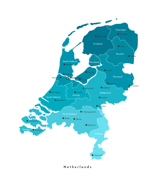 bildbanksillustrationer, clip art samt tecknat material och ikoner med vektor isolerad modern illustration. förenklad administrativ karta över nederländerna i blå färger. namn ger ut av städerna och landskapen. vit bakgrund - nederländerna