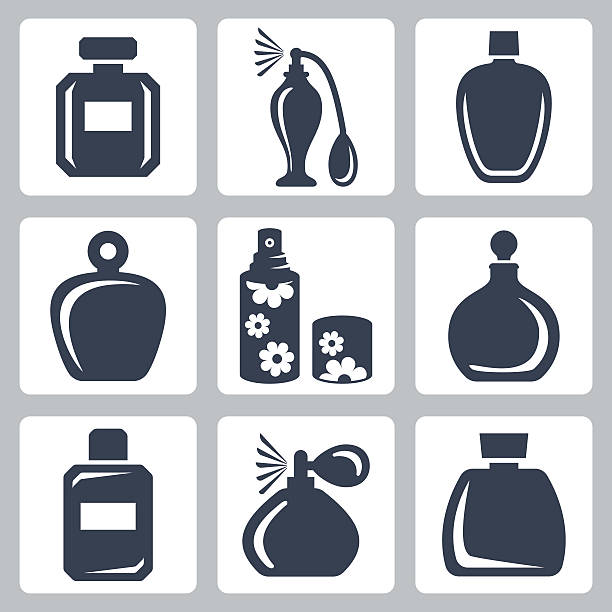 ilustrações de stock, clip art, desenhos animados e ícones de vetor ícones conjunto de frascos de perfume isolado - sniffing glass