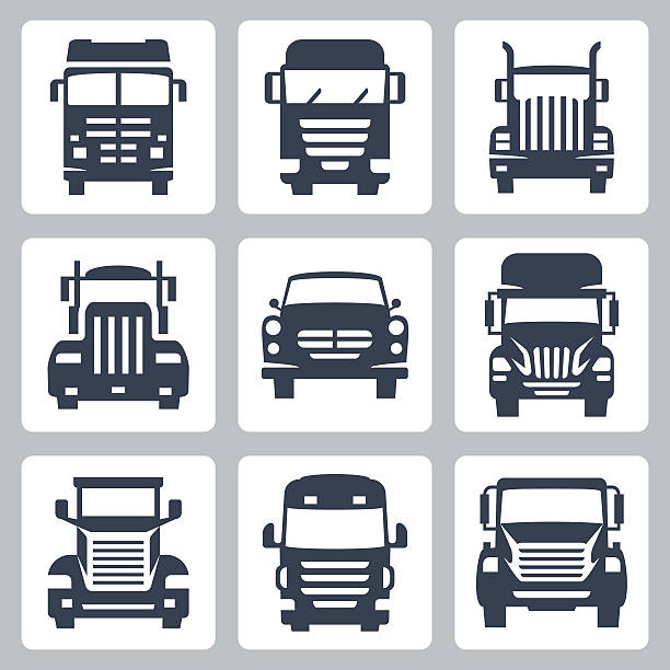 bildbanksillustrationer, clip art samt tecknat material och ikoner med vector isolated trucks icons set: front view - lastbil