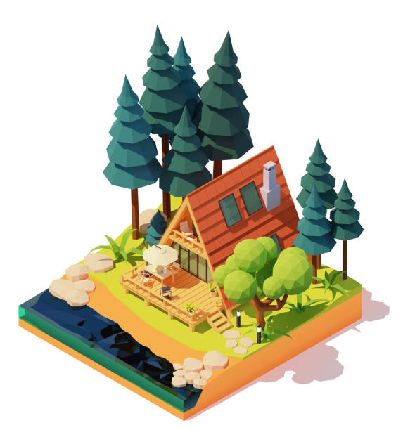 Vector isometric a-frame house in the wood Vector isometric modern a-frame house in the pine wood. Wooden a-frame cabin on the river or lake bank. Outdoor furniture on patio, umbrella, table, chairs, barbeque grill airbnb stock illustrations