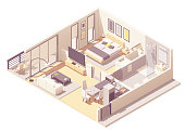 Vector isometric apartment hotel or aparthotel suite interior cross-section with double bed, big windows and balcony, tv, small bathroom, shower cabin and toilet