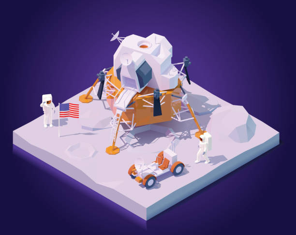 Vector isometric astronauts on Moon mission Vector isometric astronauts on Moon mission. Two astronauts walking on Moon surface, Apollo lunar landing module, lunar roving vehicle or rover, flag of the USA lunar module stock illustrations