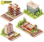 Vector isometric buildings and street elements set. Houses, homes fast food restaurant. High-rise buildings, trees, cars and people. Isometric city or town map construction elements