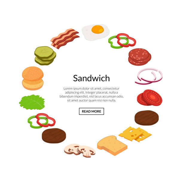 Vector isometric burger ingredients illustration color flat Vector isometric burger ingredients in circle shape with place for text illustration sandwich designs stock illustrations