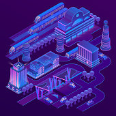 Vector 3d isometric city in ultra violet colors with modern buildings, skyscrapers, railway station with trains, roads with electric cars. Cityscape, map of futuristic town in neon illuminations