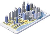 Isometric low poly city downtown streets on the smartphone screen with route