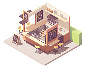 Vector isometric coffee shop or coffeehouse kiosk cross-section. Cafe interior with coffee machines, fridge, counter, cash register, blackboard menu